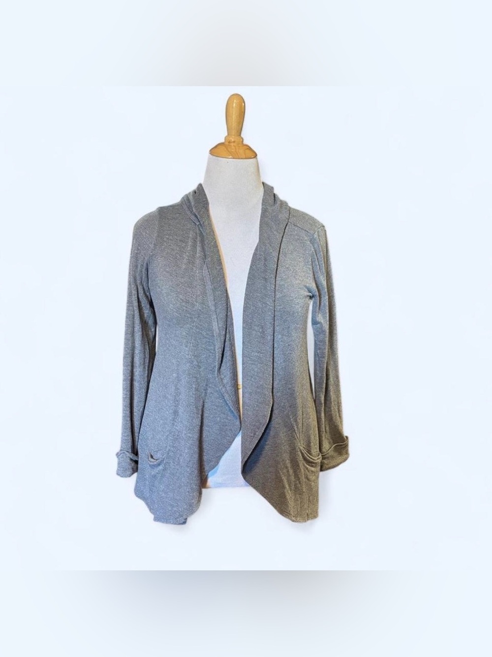 NTCO Nomadic Traders Hooded Open Cardigan Medium Gray Jersey Knit Draped Boho